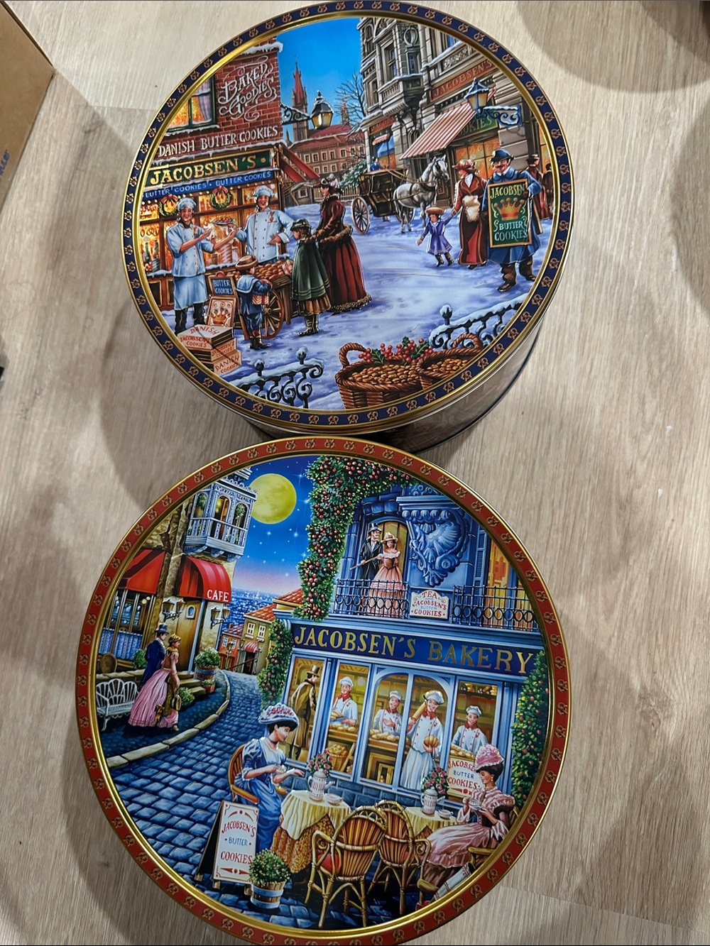 TWO Jacobsen's Butter Cookies Collectable Large Tin empty Christmas holiday